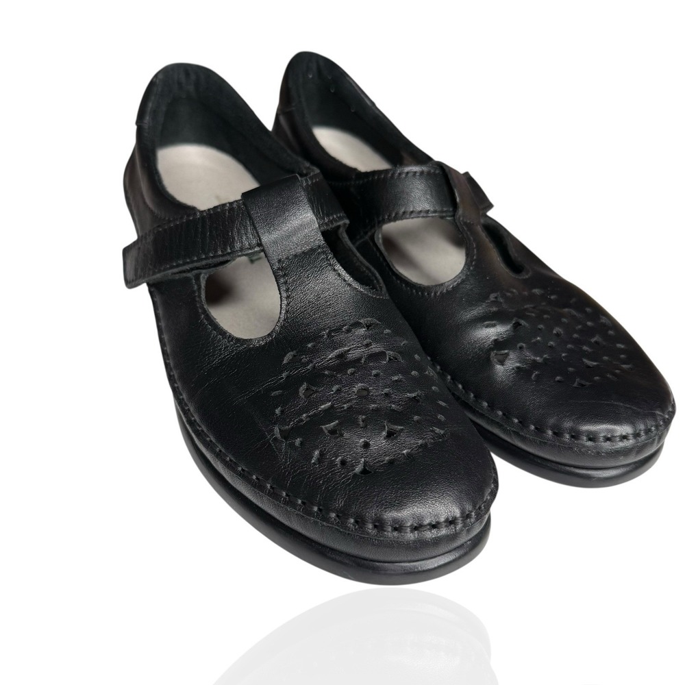 Sas 7.5 N Black Leather Willow Flats Adjustable Mary Jane T-straps Casual